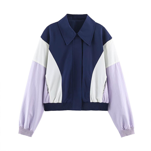 Chaqueta Bomber Corta con Bloques de Color para Mujer, Cuello Vuelto, Cremallera, Manga Larga, Ropa Exterior Casual para Otoño - Product Image 1