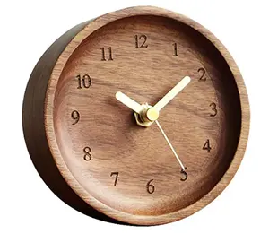 Tailai Wooden Desktop Decorative Round small Clock Silent Tabletop Clocks with Wood Battery Cover Brown Clock