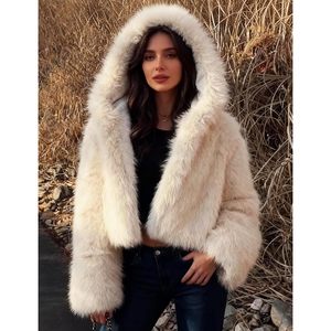 Abrigo de piel sintética para mujer, corto, con capucha, chaqueta de invierno con cremallera, frente abierto, cálido, con bolsillos - Product Image 5