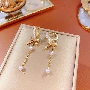 S925 Silver Needle Tassel Bow Pearl <b>Earrings</b> for Women Luxury Micro Paved Zircon Shiny Zirconia Pearl <b>Earring</b> Half Hoop <b>Earrings</b> - Product Image 2