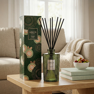 Aikun Gift Box Private Label Deep Green Embossed Glass 500ml IP16 Home Fragrance Reed <b>Diffuser</b> Set For Hotel Lobby Suppliers - Product Image 1