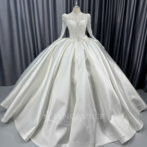 Lscm103 Elegant Satin Ball Gown <b>Wedding</b> Dress Lace Bodice Pearl Button Long Sleeve Puffy Shoulder Bridal Gown Jancember - Product Image 6