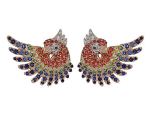 Boucles d'oreilles clous motif perroquet en or rose 18 carats avec pierres précieuses multicolores, bijoux mignons en forme d'animal, hypoallergéniques, accessoire pour femme - Product Image 3