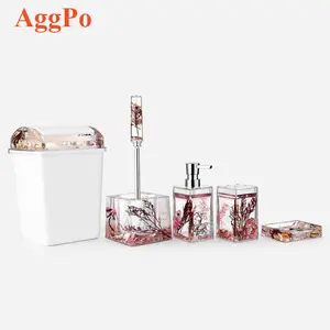 5 Piece Acrylic Lỏng 3D Floating Motion Phòng Tắm Vanity Phụ Kiện Set Chất Thải Bin Xà Phòng Món Ăn Dispenser Cup Bàn Chải Đánh Răng Chủ Kit