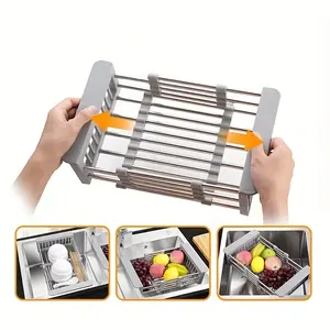 Escurridor de fregadero de cocina extensible de acero inoxidable, estante para platos, almacenamiento Rectangular ajustable para platos, utensilios