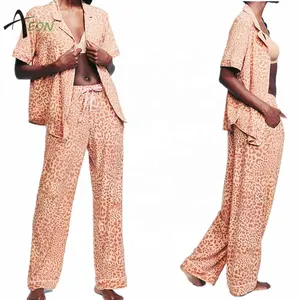 莫代尔棉豹纹女式睡衣套装竹制运动衫PJ套装长袖上衣和裤子