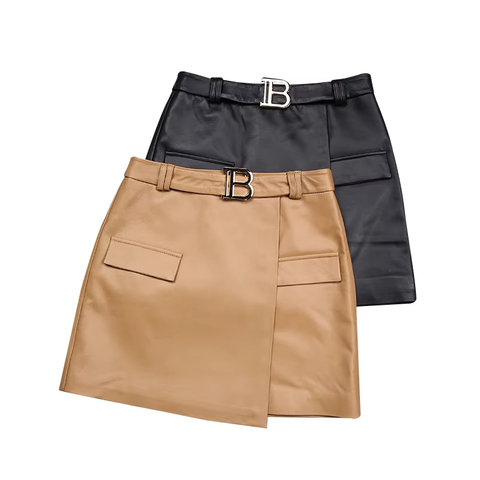 1331 High Quality Casual Mini Skirt Low Waist Real Sheepskin Asymmetry Genuine Leather Short Wrap Skirt