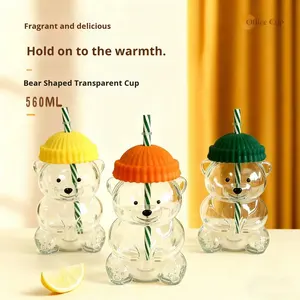 창의적인 INS 스타일 귀여운 곰돌이 모양 빨대컵 고붕규산 유리 물컵 만화 밀크티 인터넷 유명인 컵 - Product Image 4