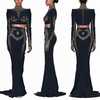 Ensemble de soirée deux pièces noir perlé pour femme, haut court à col montant et jupe sirène taille naturelle, orné de cristaux dorés et argentés, personnalisable OEM/ODM