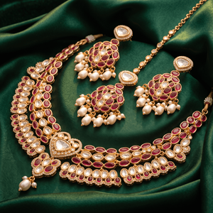 Elegant Layered Kundan Gold Plated Ruby Necklace Set With Matching Earrings For Women Traditional Bridal Wedding Jewelry Sets - Product Image 4