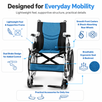 Fauteuil roulant manuel en aluminium certifié ISO avec siège en maille respirante et freins autobloquants