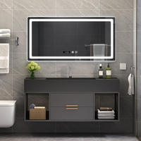 Meuble-lavabo flottant gris foncé en gros avec armoire miroir LED à 3 portes et étagères ouvertes gauche-droite pour maison et hôtel