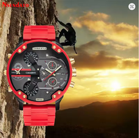 Montre à quartz pour homme CAGARNY6830, grand cadran, plusieurs fuseaux horaires, bracelet en cuir rouge, cadran en verre, style antique, résistance à l'eau 30M