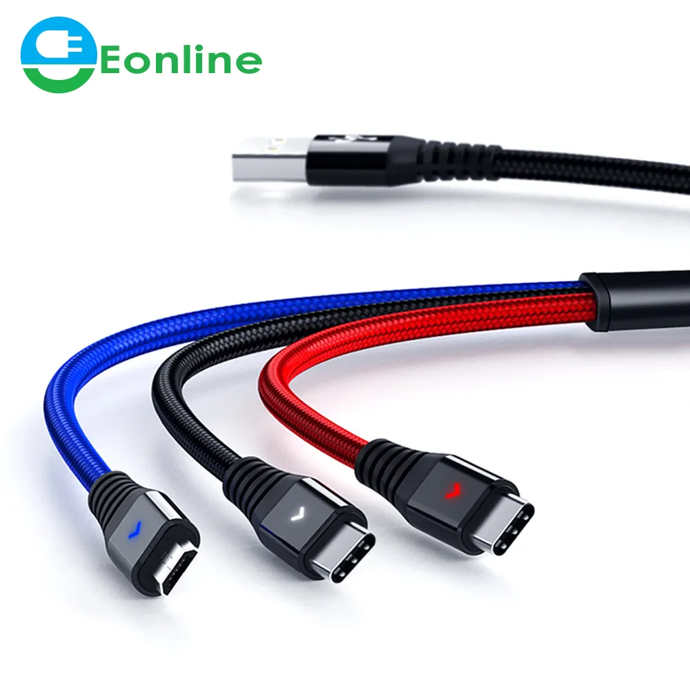 Eonline 3.5A 3 in 1 USB 케이블 마이크로 USB 유형 C 충전 케이블 안드로이드 전화 삼성 S8 데이터 코드 led 빠른 케이블