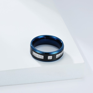 <b>Titanium</b> Steel Two Tone <b>Ring</b> With Diamond Inlay Blue Black Unisex Jewelry Gift - Product Image 3