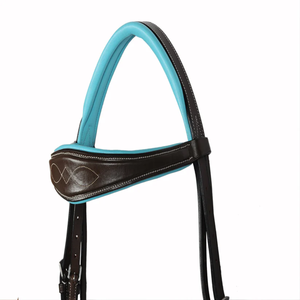 Bridon de spectacle en cuir véritable anatomique, rembourré, avec surpiqûres fantaisie, bleu sarcelle, avec rembourrage doux pour frontale et muserolle, équipement d'équitation anglais, vente en gros OEM - Product Image 2