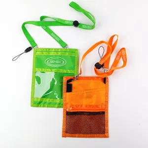 JR Customized Waterproof Business Card Holder Polyester Mesh Zipper Travel Passport Neck Wallet With Detachable Lanyard