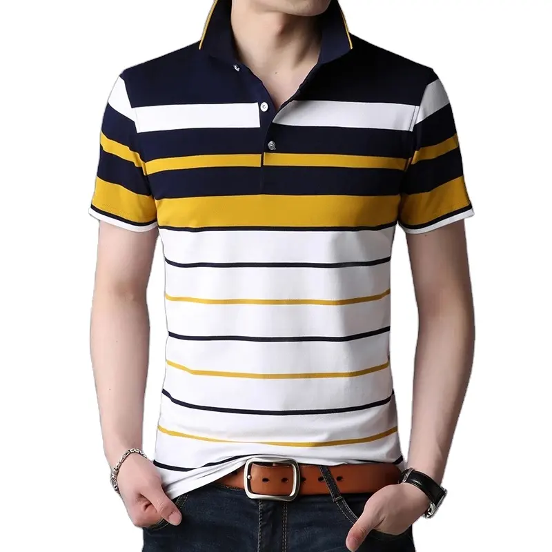 남성용 클래식 스트라이프 폴로 셔츠 면 반소매 2024 여름 플러스 사이즈 셔츠