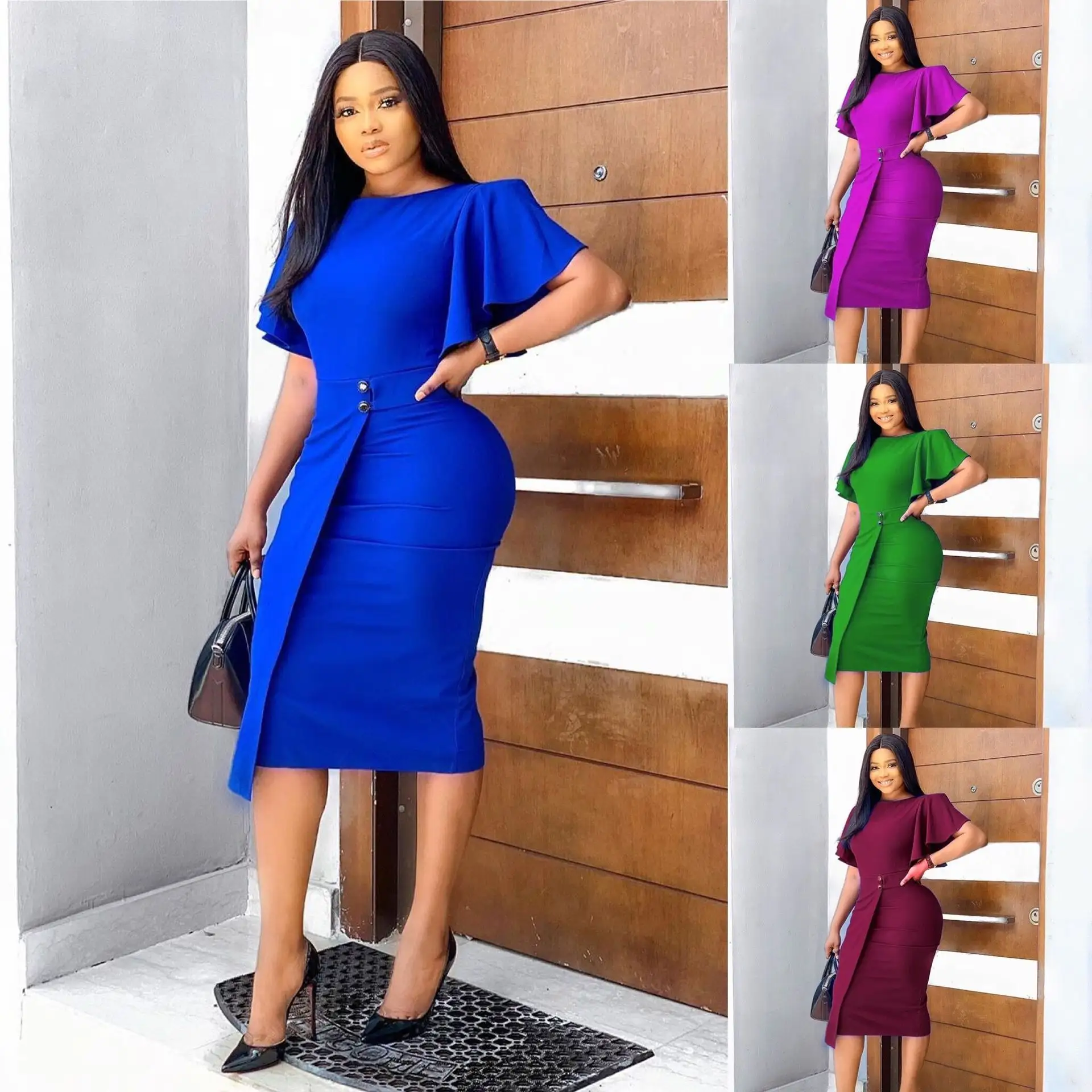 Women Long Sleeve O Neck Solid Bodycon Midi Dress Spring New Simple Ruffles Package Hip Dresses Elegant Stretchy Vestidos 2158