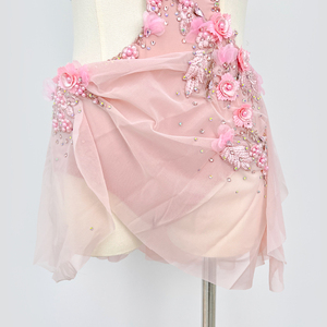 Leotardo de Danza Lírica para Mujer, Color Rosa Floral, con Cuello Halter y Recortes, con Pedrería, Spandex/Nylon, para Actuaciones en Escenario - Product Image 4