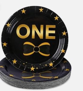 FDA-Approved 350gsm White Board <b>Disposable</b> <b>Plate</b> 9-Inch Round FOIL for Baby Boy's First Birthday Party Supplies - Product Image 3