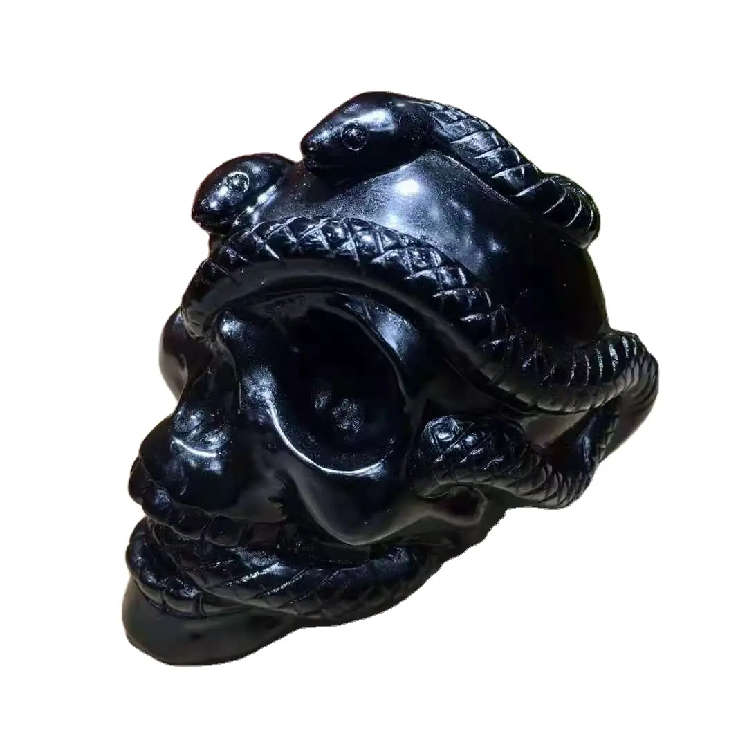 Crystal Skulls Head Folk Crafts Healing Stone Snake Crystal Black Obsidian Skulls with Snake for fengshui home decoration