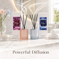 Coffret Cadeau Diffuseur à Bâtonnets 200ml Bouteille Givrée Rose Poudré Bleu Brume, Bâtonnets en Fibre Noire Collier Argenté, Logo Personnalisé Marque Privée