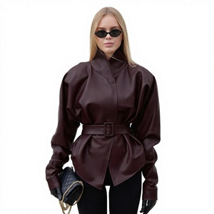 Women's Autumn Winter New American Style Retro Stand Collar <b>Belt</b> <b>Slim</b> Fit Short Solid Eco-Friendly Leather Jacket - Product Image 4