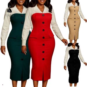 <span class=keywords><strong>Robes</strong></span> de <span class=keywords><strong>carrière</strong></span> d'automne à manches longues, col tailleur, couleur contrastée, robe crayon pour femme de bureau - Product Image 1
