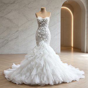 Robe de mariée sirène blanche Ocstrade Princess en tulle moelleux, corset satiné <span class=keywords><strong>à</strong></span> épaules dénudées, volants floraux 3D et longue traîne pour mariée 2026 - Product Image 1