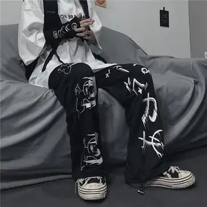 Custom Poff Print Logo Gestapelde Zweetbroek Rauwe Zomen Been Scherm Graffiti Print Fleece Streetwear Jogger Uitlopende Joggingbroek