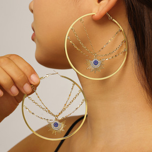 Orecchini da donna in ferro vintage <span class=keywords><strong>a</strong></span> forma di girasole, con catena multistrato, occhio diabolico <span class=keywords><strong>a</strong></span> cerchio grande, stile europeo-americano esagerato - Product Image 2
