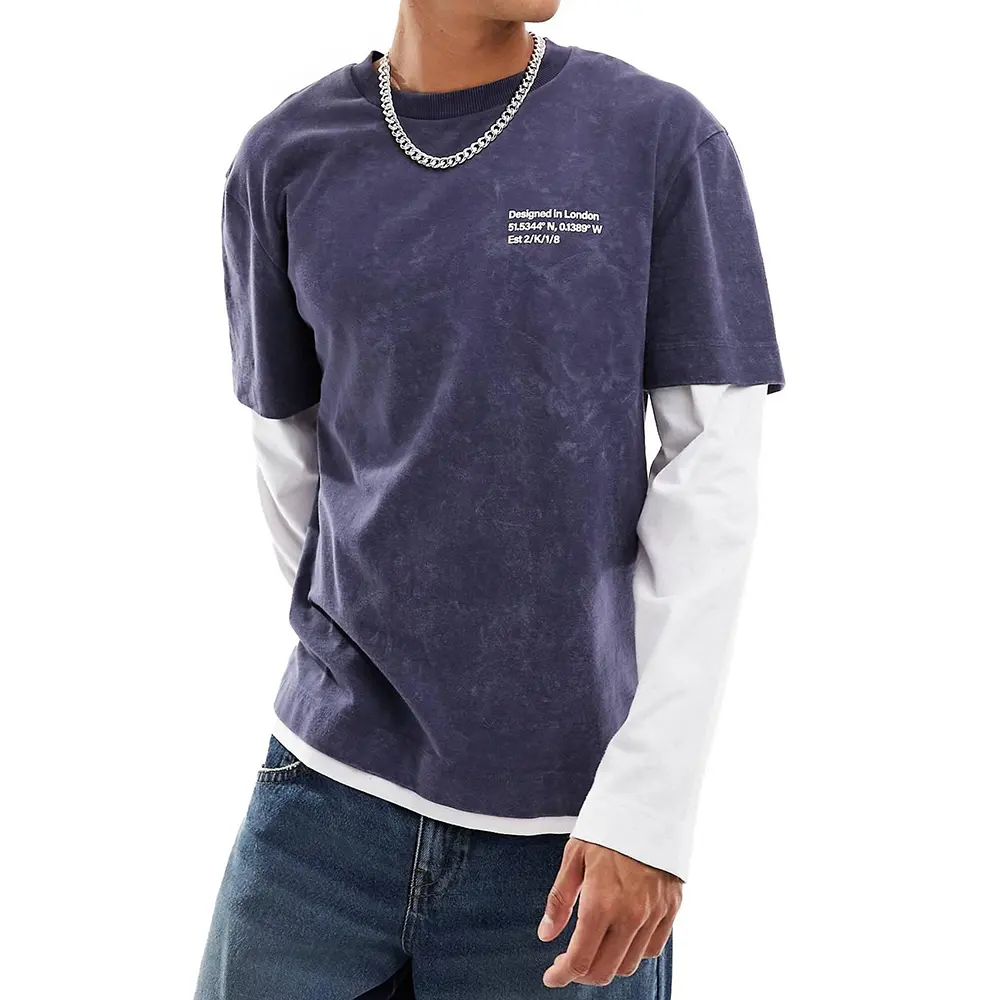 Camiseta de manga comprida com gola redonda azul personalizada, cor de contraste, estampa de letras, ajuste regular, tendência diária casual para homens, camiseta de camada dupla