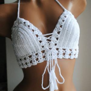 ชุดบิกินี่ถักโครเชต์คอวีเซ็กซี่ ปักลายด้วยมือ พร้อมสายรัดและพู่ห้อย ชุดว่ายน้ำทำมือสำหรับผู้หญิง - Product Image 2