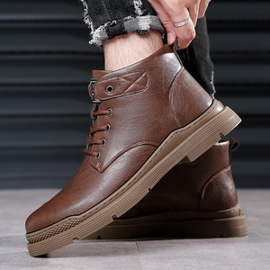 Bottes Martin pour hommes, hauteur cheville, bout rond, talon plat, doublure en peluche, semelle extérieure en caoutchouc antidérapante, couleur unie, décorées de rivets, hiver - Product Image 2