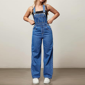 Salopette en jean décontractée pour femme, taille haute, coupe large, style vintage, avec poches - Product Image 4
