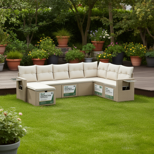 Grand ensemble de canapés de jardin beige en polyrotin avec structure en acier, housses amovibles, mobilier d'extérieur 6 places, design contemporain - Product Image 2