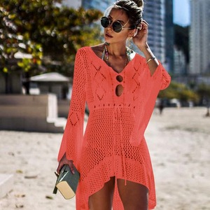 Vestido de playa de punto calado de color liso con manga larga para mujer, con cuello en V y cordón, para cubrir el bikini - Product Image 6