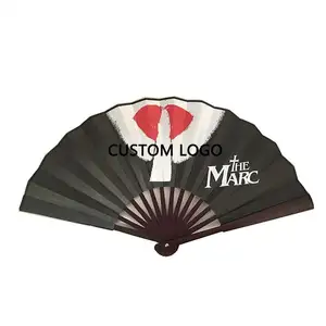 Gepersonaliseerde Custom Gedrukt Grote Bamboe Houten Opvouwbare Klak Hand Fan Logo Voor Vrouwen Man Festival Feesten Rave Accessoires