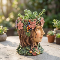 Hars Bloemenmeisje Plantenbak Pot Houtnerf Bloemenbeeld Bloempot Tuinornament Bureaudecoratie