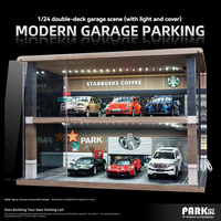 Maquette de garage à double étage en bois massif à l'échelle 1/24, scène de parking simulée à l'échelle 1/24, vitrine d'exposition en acrylique pour modélisme