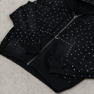 Sudadera con capucha negra con cremallera para hombre, de algodón French Terry, corte holgado, con efecto desgastado y pedrería descolorida, compatible con OEM ODM - Product Image 4