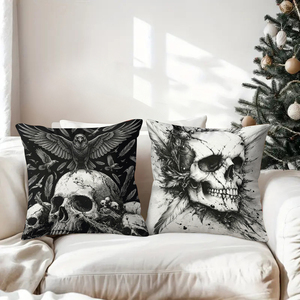 Gothic skull and skeleton throw pillows with festive holiday decor in Christmas stockings and reindeer antlers - Product Image 3
