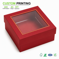Boîte rigide rouge personnalisée avec une fenêtre carrée transparente et un cadre doré pour l'emballage de cadeaux, de bijoux et de savons, vente en gros en vrac, fabricant