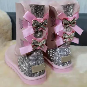 Factory Direct Wholesale Competitive Price Women's Winter Warm Outdoor Anti-skid Rhinestone Bling Pink Snow Boots With Bow