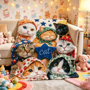 Couverture en flanelle à motifs de chats de dessin animé mignons, couverture de sieste légère et résistante à la décoloration pour les voyages et le camping, impression personnalisée OEM ODM Y - Product Image 1