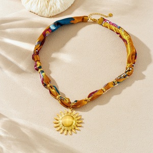 Sun Pendant Necklace Gold Plated Silk Scarf Chain Stainless Steel Fashion Accessory - Product Image 3