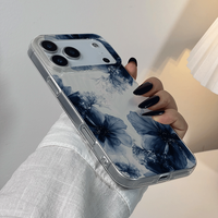 Coque de téléphone minimaliste motif fleur bleu foncé style aquarelle pour iPhone 17 Air 16 15 14 Pro Max, coque de protection souple antichoc macroporeuse