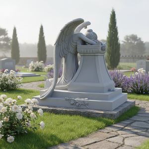 Estatua de Ángel Llorón Tallada en Mármol Blanco Europeo Moderno para Tumba en Cementerio - Product Image 1