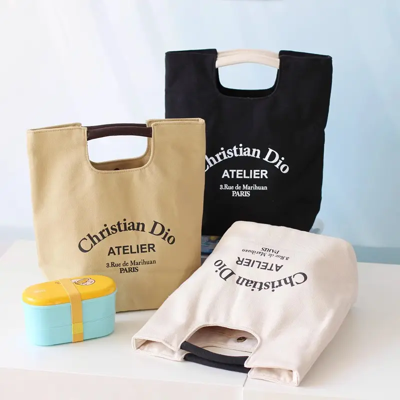 تصميم جديد من الحقيبة المحمولة القطنية المبردة التي تستخدم لحمل الطعام حقيبة صغيرة من قماش الكانفاس لحمل الطعام أثناء العمل